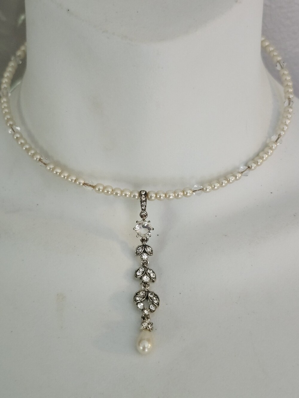 Monet Faux Pearl and Rhinestonel Drop Pendant Choker Necklace